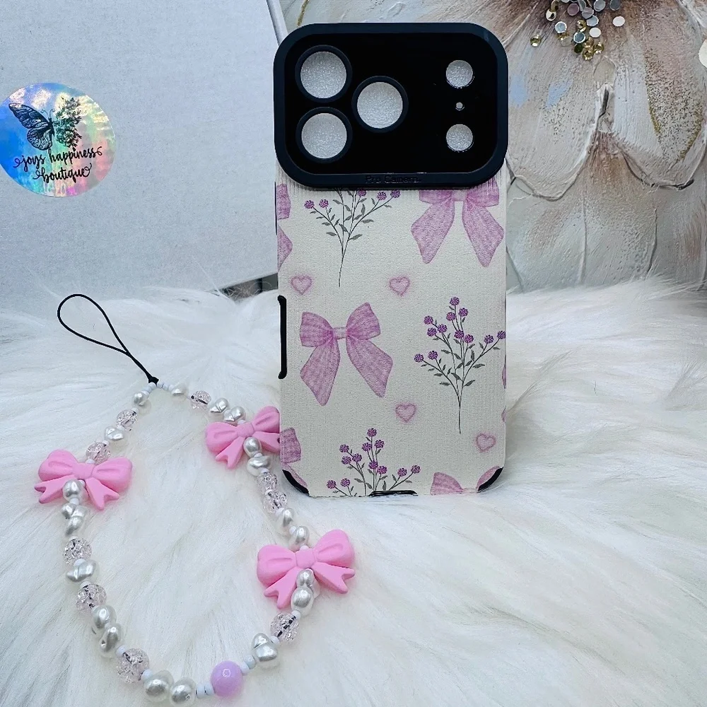 Chic Pink Bow iPhone 17 Pro Case with Phone Bow Beaded lanyard